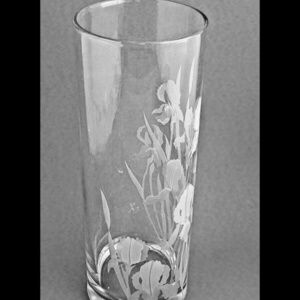 PERRY COYLE CRYSTAL DEEPLY ETCHED BEARDED IRIS FLORAL ART GLASS VASE, SIGNED